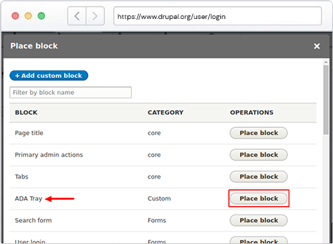 A pop-up with many blocks will appear on your screen. Click on ‘Place Block’ after searching for ‘ADA Tray’.